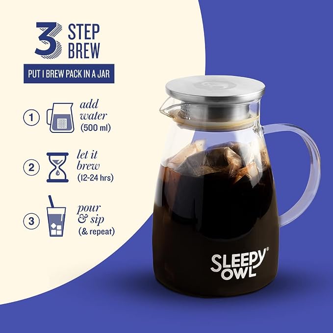 Sleepy Owl Assorted Cold Brew Coffee Bags | 5 Delicious Flavours - French Vanilla, Dark Roast, Cinnamon, Hazelnut, Original | Easy 3 Step Overnight Brew - No Equipment Needed | Makes 15 Cups | 100% Arabica Sleepy Owl Assorted Cold Brew Coffee Bags | 5 Delicious Flavours - French Vanilla, Dark Roast, Cinnamon, Hazelnut, Original | Easy 3 Step Overnight Brew - No Equipment Needed | Makes 15 Cups | 100% Arabica